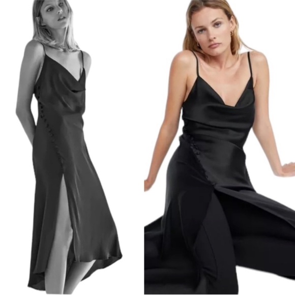 Zara Black Satin Camisole Draped Neck Button Detail Slip Midi Dress - Picture 3 of 7